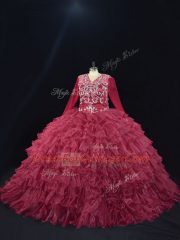 Customized Burgundy Ball Gowns Organza V-neck Long Sleeves Ruffled Layers Floor Length Lace Up Vestidos de Quinceanera