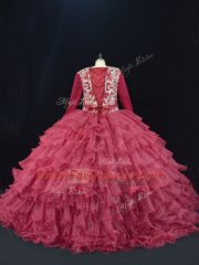 Customized Burgundy Ball Gowns Organza V-neck Long Sleeves Ruffled Layers Floor Length Lace Up Vestidos de Quinceanera