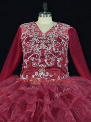 Customized Burgundy Ball Gowns Organza V-neck Long Sleeves Ruffled Layers Floor Length Lace Up Vestidos de Quinceanera