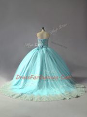 Stunning Sweetheart Sleeveless Quince Ball Gowns Court Train Appliques Blue Tulle