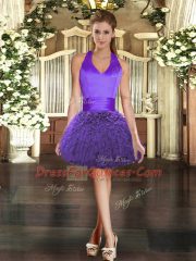 Three Pieces Sweet 16 Dresses Purple Halter Top Organza Sleeveless Floor Length Lace Up
