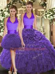 Three Pieces Sweet 16 Dresses Purple Halter Top Organza Sleeveless Floor Length Lace Up