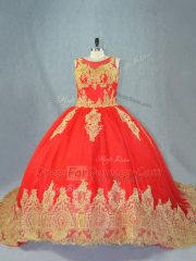 Excellent Red Sleeveless Court Train Appliques Vestidos de Quinceanera