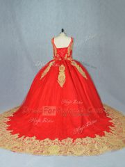 Excellent Red Sleeveless Court Train Appliques Vestidos de Quinceanera