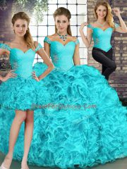 Floor Length Aqua Blue Ball Gown Prom Dress Organza Sleeveless Beading and Ruffles