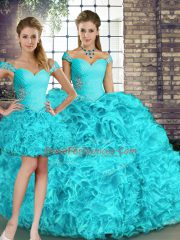 Floor Length Aqua Blue Ball Gown Prom Dress Organza Sleeveless Beading and Ruffles