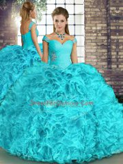 Floor Length Aqua Blue Ball Gown Prom Dress Organza Sleeveless Beading and Ruffles