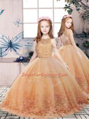 Gold Scoop Neckline Lace and Appliques Evening Gowns Sleeveless Backless