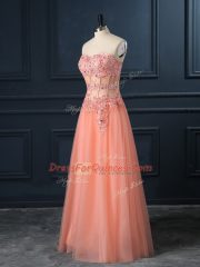 Fine Sweetheart Sleeveless Dress for Prom Floor Length Lace and Appliques Orange Tulle