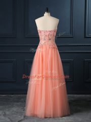 Fine Sweetheart Sleeveless Dress for Prom Floor Length Lace and Appliques Orange Tulle