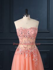 Fine Sweetheart Sleeveless Dress for Prom Floor Length Lace and Appliques Orange Tulle