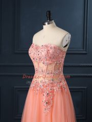 Fine Sweetheart Sleeveless Dress for Prom Floor Length Lace and Appliques Orange Tulle