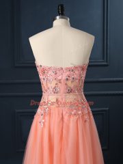 Fine Sweetheart Sleeveless Dress for Prom Floor Length Lace and Appliques Orange Tulle