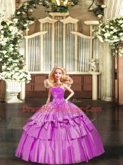 Lilac Lace Up Strapless Beading and Ruffled Layers Quince Ball Gowns Taffeta Sleeveless