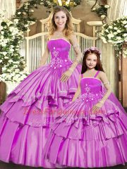 Lilac Lace Up Strapless Beading and Ruffled Layers Quince Ball Gowns Taffeta Sleeveless