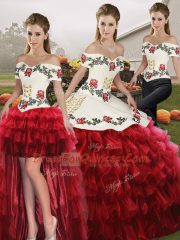 Sleeveless Floor Length Embroidery and Ruffled Layers Lace Up Ball Gown Prom Dress with Wine Red