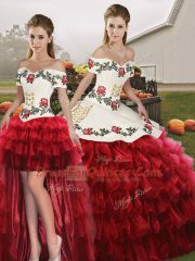 Sleeveless Floor Length Embroidery and Ruffled Layers Lace Up Ball Gown Prom Dress with Wine Red