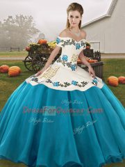Ball Gowns Quinceanera Dresses Blue And White Off The Shoulder Organza Sleeveless Floor Length Lace Up