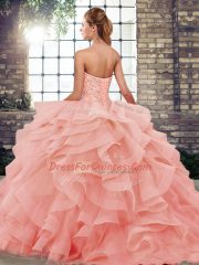 Custom Designed Lace Up Vestidos de Quinceanera Watermelon Red for Military Ball and Sweet 16 and Quinceanera with Beading and Ruffles Brush Train
