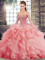 Custom Designed Lace Up Vestidos de Quinceanera Watermelon Red for Military Ball and Sweet 16 and Quinceanera with Beading and Ruffles Brush Train