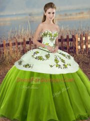 Custom Made Olive Green Ball Gowns Sweetheart Sleeveless Tulle Floor Length Lace Up Embroidery and Bowknot Ball Gown Prom Dress