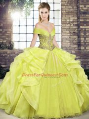 Beading and Ruffles 15 Quinceanera Dress Yellow Lace Up Sleeveless Floor Length