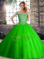 Green Sleeveless Tulle Brush Train Lace Up 15th Birthday Dress for Military Ball and Sweet 16 and Quinceanera