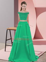 Elastic Woven Satin Sleeveless Prom Dress Sweep Train and Beading