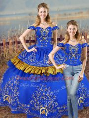 Fantastic Floor Length Lace Up Ball Gown Prom Dress Blue for Sweet 16 and Quinceanera with Embroidery and Ruffled Layers