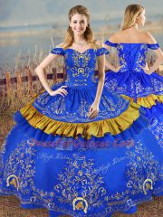 Fantastic Floor Length Lace Up Ball Gown Prom Dress Blue for Sweet 16 and Quinceanera with Embroidery and Ruffled Layers
