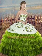 Noble Olive Green Ball Gowns Sweetheart Sleeveless Organza Floor Length Lace Up Embroidery and Ruffled Layers and Bowknot Vestidos de Quinceanera