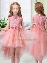 Glittering Peach Cap Sleeves High Low Lace and Hand Made Flower Zipper Toddler Flower Girl Dress