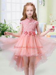 Glittering Peach Cap Sleeves High Low Lace and Hand Made Flower Zipper Toddler Flower Girl Dress