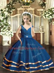 V-neck Sleeveless Backless Little Girls Pageant Dress Navy Blue Organza