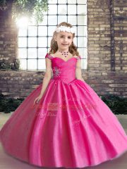 Beading Little Girls Pageant Dress Hot Pink Lace Up Sleeveless Floor Length