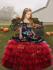 Fancy Red Ball Gowns Straps Sleeveless Organza Floor Length Lace Up Embroidery Child Pageant Dress
