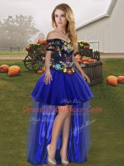 High Low Royal Blue Prom Dresses Off The Shoulder Sleeveless Lace Up