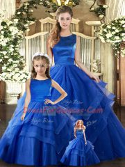 Royal Blue Tulle Lace Up Quinceanera Dresses Sleeveless Floor Length Ruffled Layers