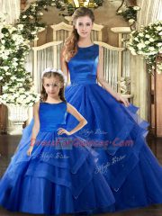 Royal Blue Tulle Lace Up Quinceanera Dresses Sleeveless Floor Length Ruffled Layers