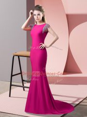 Latest Hot Pink Prom Party Dress High-neck Short Sleeves Brush Train Backless
