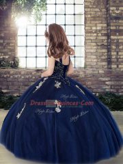 Navy Blue Lace Up Straps Appliques Little Girl Pageant Gowns Tulle Sleeveless