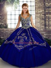 Blue Sleeveless Beading and Embroidery Floor Length 15 Quinceanera Dress
