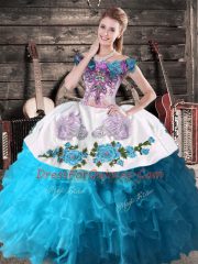 Teal Ball Gowns Off The Shoulder Sleeveless Organza Floor Length Lace Up Embroidery and Ruffles Quinceanera Gowns