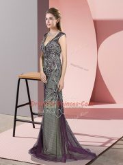 Dark Purple V-neck Zipper Beading Prom Dresses Sweep Train Sleeveless