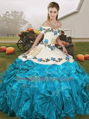 Off The Shoulder Sleeveless Organza Ball Gown Prom Dress Embroidery and Ruffles Lace Up