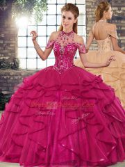 Comfortable Fuchsia Tulle Lace Up Quinceanera Dress Sleeveless Floor Length Beading and Ruffles