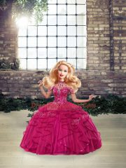 Comfortable Fuchsia Tulle Lace Up Quinceanera Dress Sleeveless Floor Length Beading and Ruffles