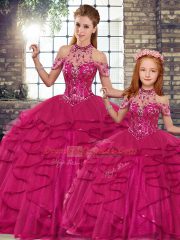 Comfortable Fuchsia Tulle Lace Up Quinceanera Dress Sleeveless Floor Length Beading and Ruffles