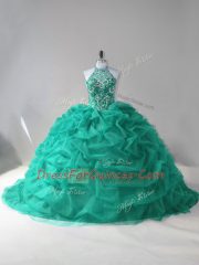 Gorgeous Beading and Pick Ups 15 Quinceanera Dress Turquoise Lace Up Sleeveless Court Train