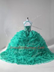 Gorgeous Beading and Pick Ups 15 Quinceanera Dress Turquoise Lace Up Sleeveless Court Train